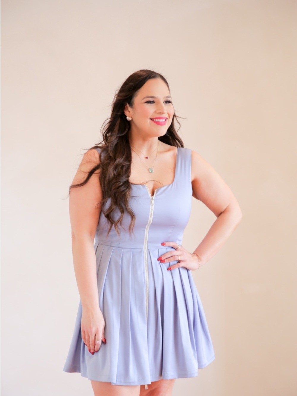 Light blue Zip-Front Pleated Mini Dress new w/o tags